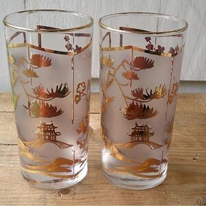 vintage Libbey Fuji Screen (Asian Pagoda / Chinoiserie) frosted highball glasses